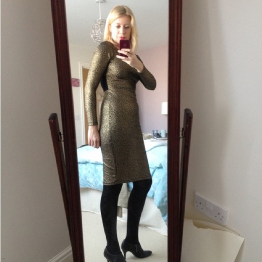 Alice + Olivia gold fitted dress with black mesh back